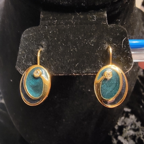 Kerissa Jewelry - Kerissa Vintage Goldtone and Teal Enamel with Rhinestone Accent Pierced Earrings